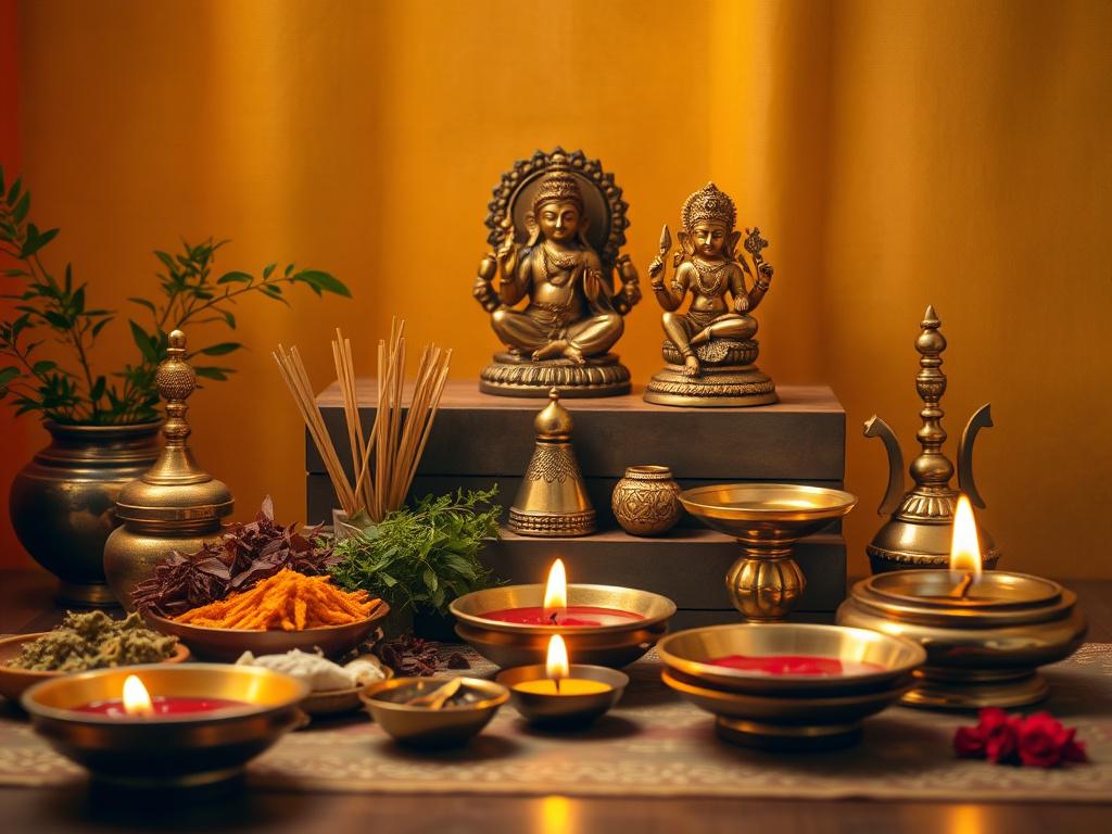 A serene and inviting scene showcasing a beautifully arranged display of traditional Pooja items, including sacred herbs, brass idols, Aarti thalis, and decorative lamps. The setting is warm, with soft golden lighting that creates a cozy atmosphere. The background features subtle Indian motifs, enhancing the cultural richness. The composition is simple, focusing on the items that represent devotion and spirituality.