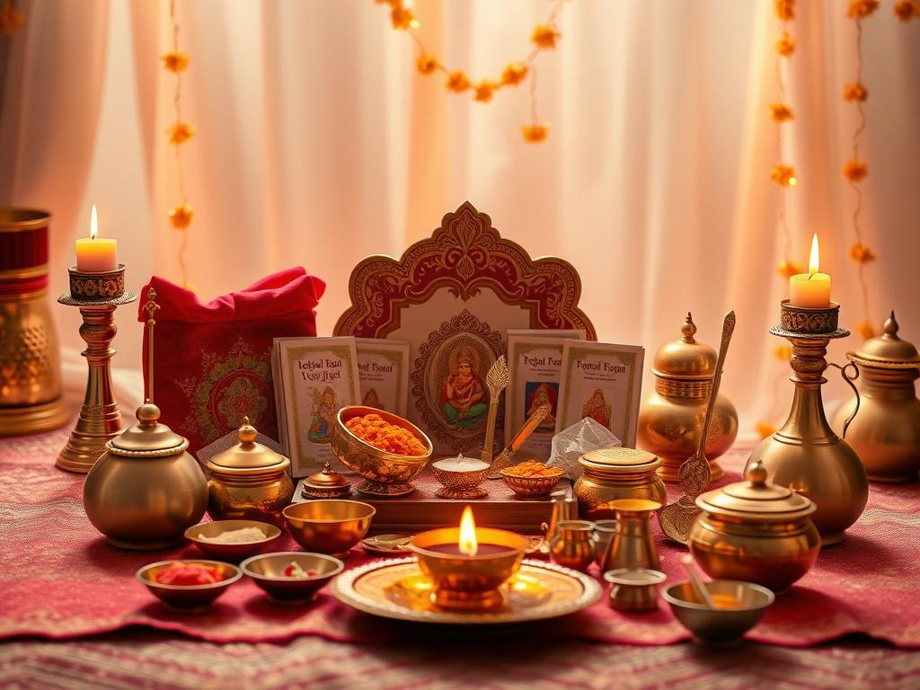 A high-resolution image showcasing a beautifully arranged Special Pooja Kit, including assorted items like Pooja Samagri, accessories, and utensils. The display is set against a soft, serene background illuminated with warm golden light, emphasizing the joy and significance of festive rituals.