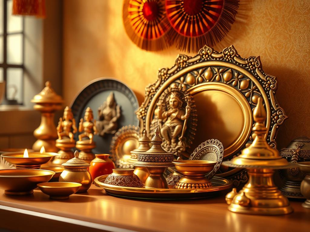 A high-resolution image of an elegant arrangement of Pooja Accessories, including brass idols, decorative plates, traditional lamps, and bells. The items are displayed in a warm golden light, creating a tranquil and inviting atmosphere, with subtle Indian motifs in the background.