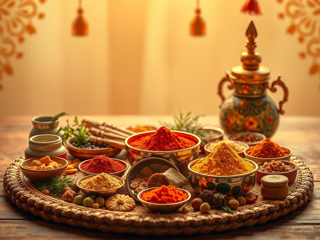 A high-resolution image of a beautifully arranged collection of Pooja Samagri, featuring sacred herbs, colorful powders, and dry fruits. The scene is softly lit with a warm golden hue, showcasing the purity and vibrancy of the ingredients. The background is serene, with traditional Indian motifs subtly incorporated.