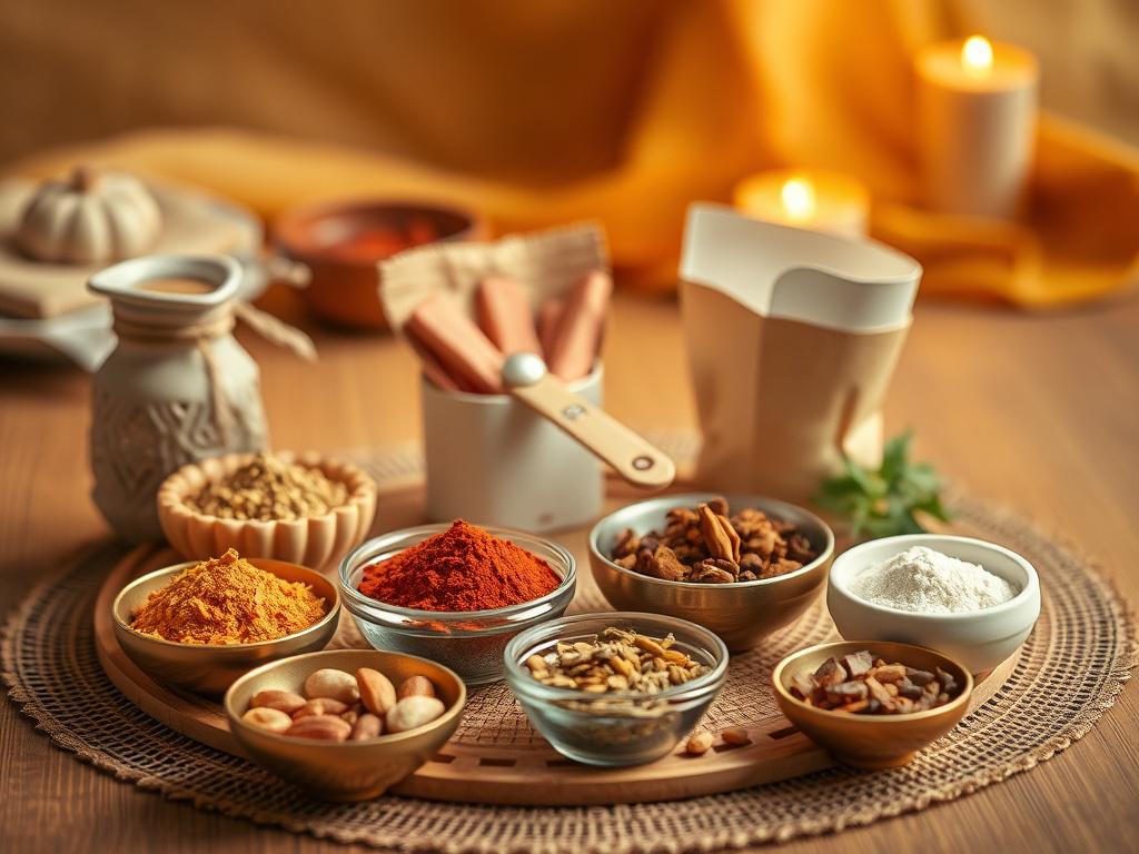 A realistic high-resolution photo of a beautifully arranged Pooja Samagri set featuring an assortment of sacred herbs, aromatic powders in small bowls, and nutritious dry fruits. The composition should be simple and clear, focusing solely on the items. The background should be softly lit with warm, golden hues to create a serene atmosphere, enhancing the spiritual essence of the products.