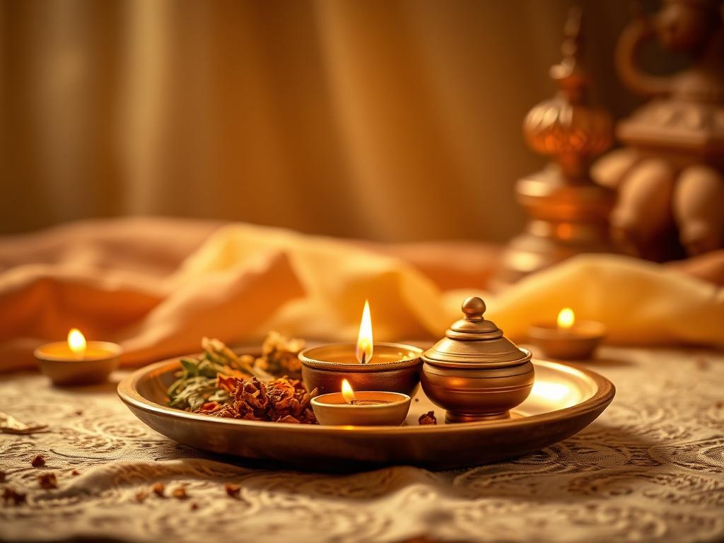 A realistic high-resolution photo of a beautifully arranged Pooja Samagri set. The focal point includes sacred herbs, Camphor, Agarbatti, and Dhoop elegantly displayed on a traditional wooden plate. The background features soft lighting with a warm golden hue, enhancing the serene atmosphere. The setting is cozy and inviting, evoking a sense of spirituality and peace.