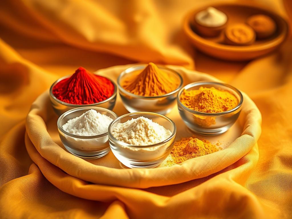 A realistic high-resolution photo of a beautifully arranged set of Pooja powders, including vibrant red Kumkum, creamy white Chandan (Sandalwood), and bright yellow Haldi (Turmeric). The composition features these powders in small, elegant bowls placed on a soft, textured cloth with an auspicious golden hue. The lighting is warm and serene, creating a calming atmosphere that highlights the purity of the powders. Soft focus on the background to keep the emphasis on the powders.