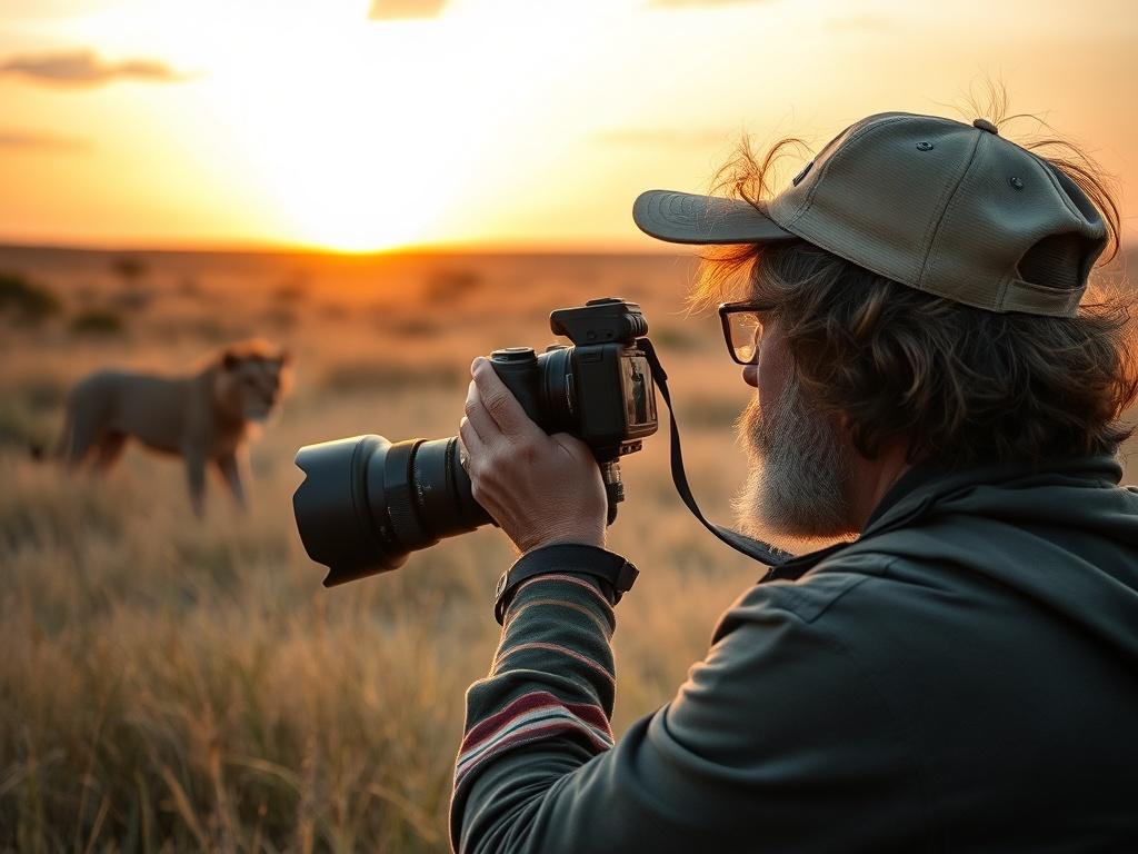 A wildlife photographer with a camera capturing a lion in