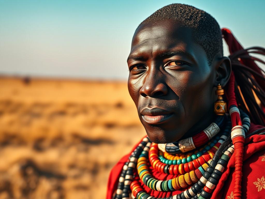 A vivid close-up shot of a Masai warrior in traditional attire, showcasing intricate beadwork and vibrant colors. The warrior stands proud against a backdrop of the African savannah, with golden grass and a clear blue sky. The focus should be on the warrior's expression and attire, capturing the essence of Masai culture. The lighting is warm and natural, enhancing the colors of the clothing and surrounding landscape.
