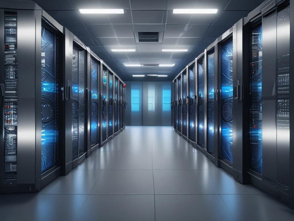 A close-up shot of a modern secure server room, showcasing high-tech servers with blinking lights and a cool blue ambiance. The composition should be simple and clear, focusing solely on the servers without any distractions. The image should convey a sense of security and innovation, shot with a 45mm f/1.2 lens for a hyper-realistic effect.