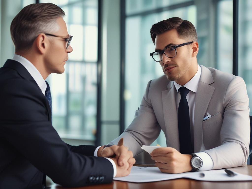 A close-up shot of a seasoned CEO in a professional setting, engaged in a thoughtful discussion with a mentee. The CEO is dressed in formal business attire, exuding confidence and wisdom. The background is a softly blurred modern office environment, with warm lighting that creates an inviting atmosphere. The focus is on the CEO, capturing their expressive face and hand gestures as they share insights, embodying the essence of mentorship and leadership. The color scheme should harmonize with the primary colo