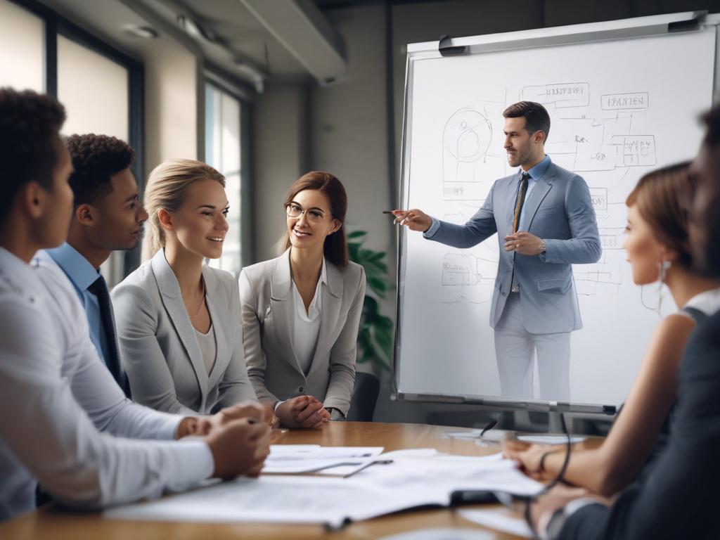 A close-up shot of a confident business consultant engaging with a diverse group of professionals in a modern office setting. The consultant is explaining a strategy on a whiteboard, while the team members actively participate. The background features large windows with a city skyline view, creating an inspiring atmosphere. The lighting is bright and inviting, capturing the essence of collaboration and innovation.