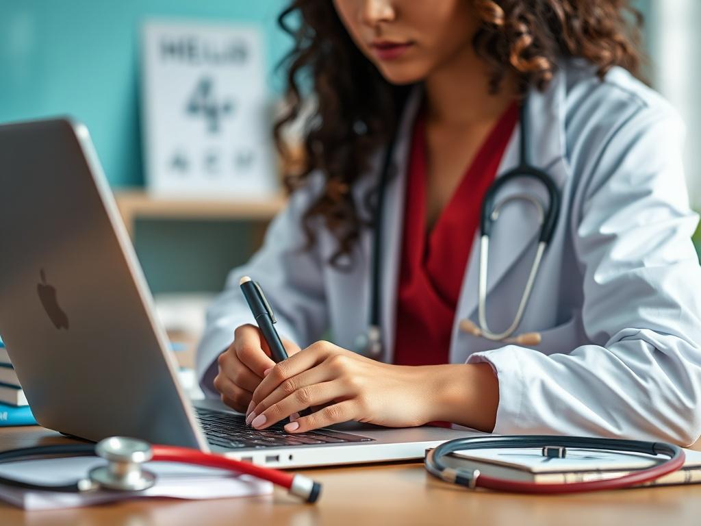 A close up shot of a healthcare professional writing on