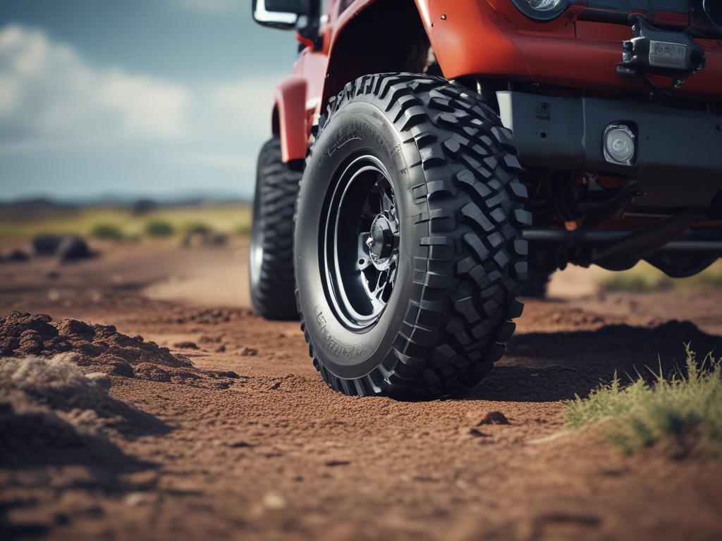 Create a hyper-realistic, high-resolution close-up photograph of a single Yokohama tire mounted on a rugged off-road vehicle. The tire should be in sharp focus, shot with a 45mm f/1.2 lens style, highlighting the bold, aggressive tread pattern typical of Yokohama’s GEOLANDAR line. The rubber’s textures and tread details must be crisp and lifelike, showing subtle dust and moisture to emphasize performance in varied conditions. Position the tire slightly off-center against a softly blurred background that sug