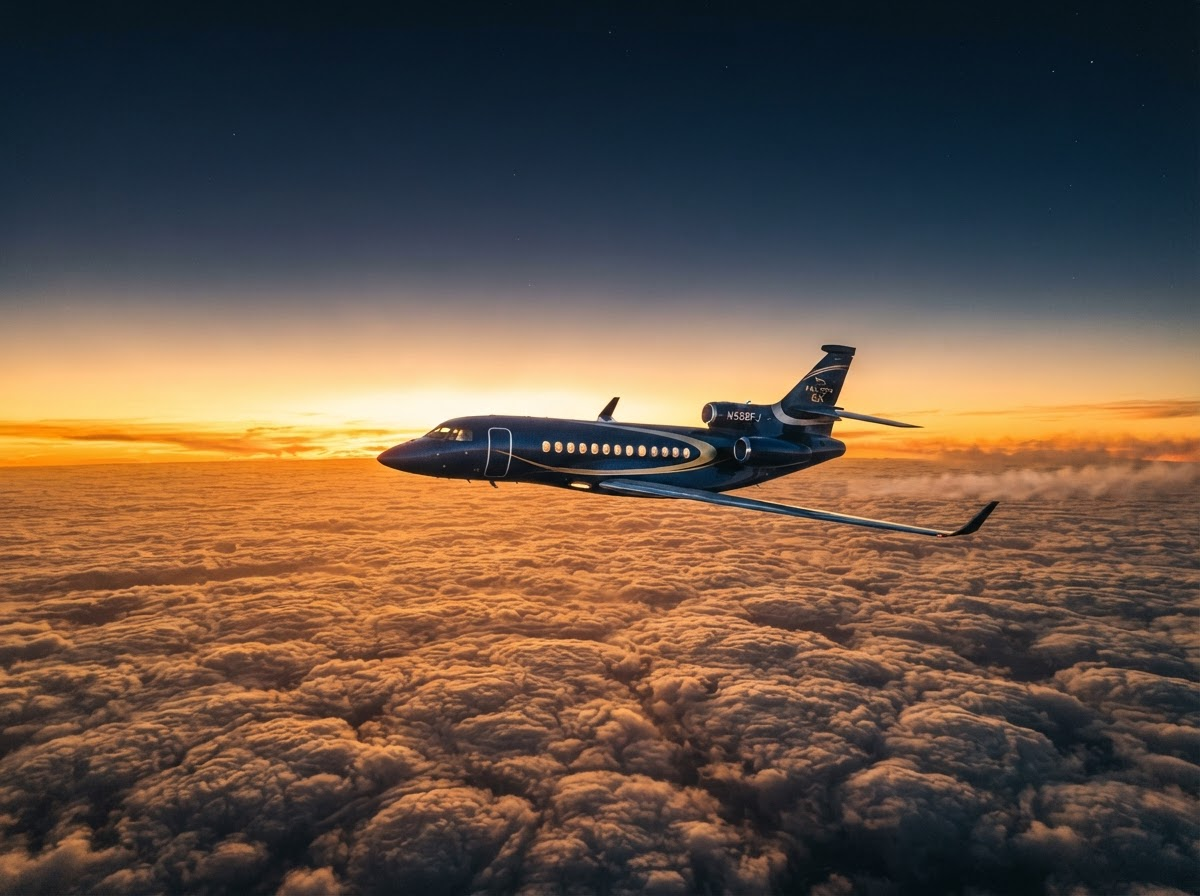 Private jet flying above the clouds at sunset
