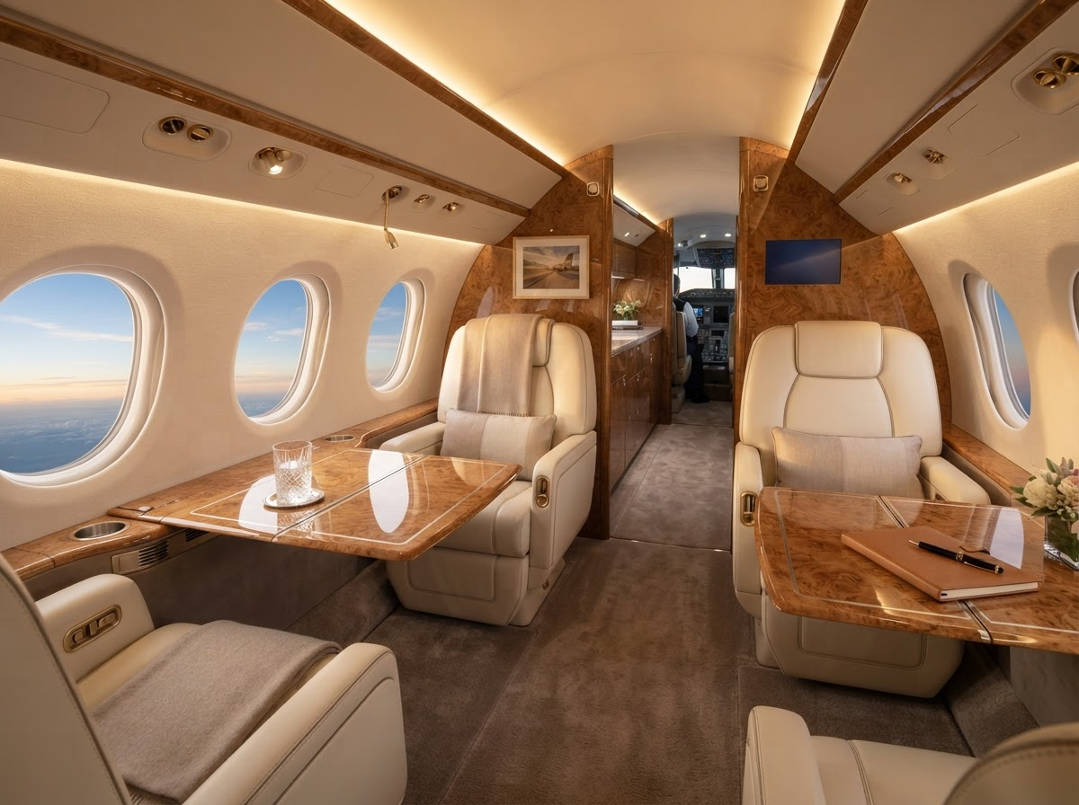 Luxurious private jet cabin interior with cream leather seating