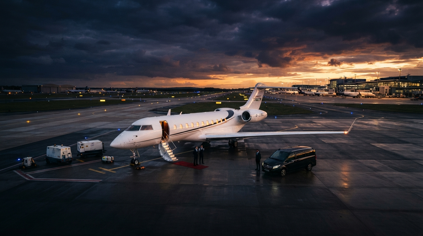Private jet on the tarmac at golden hour