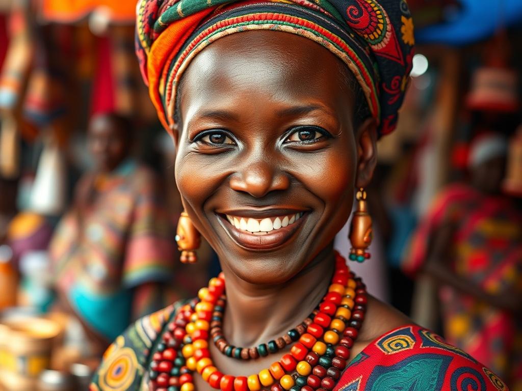 A captivating close-up shot of a Ugandan woman wearing traditional attire, showcasing colorful fabrics and intricate beadwork. The background features a bustling market scene, filled with vibrant colors and local crafts. The image captures the essence of Ugandan culture, inviting viewers to experience the warmth and richness of local traditions. The focus is on the woman, highlighting her smile and connection to her heritage.