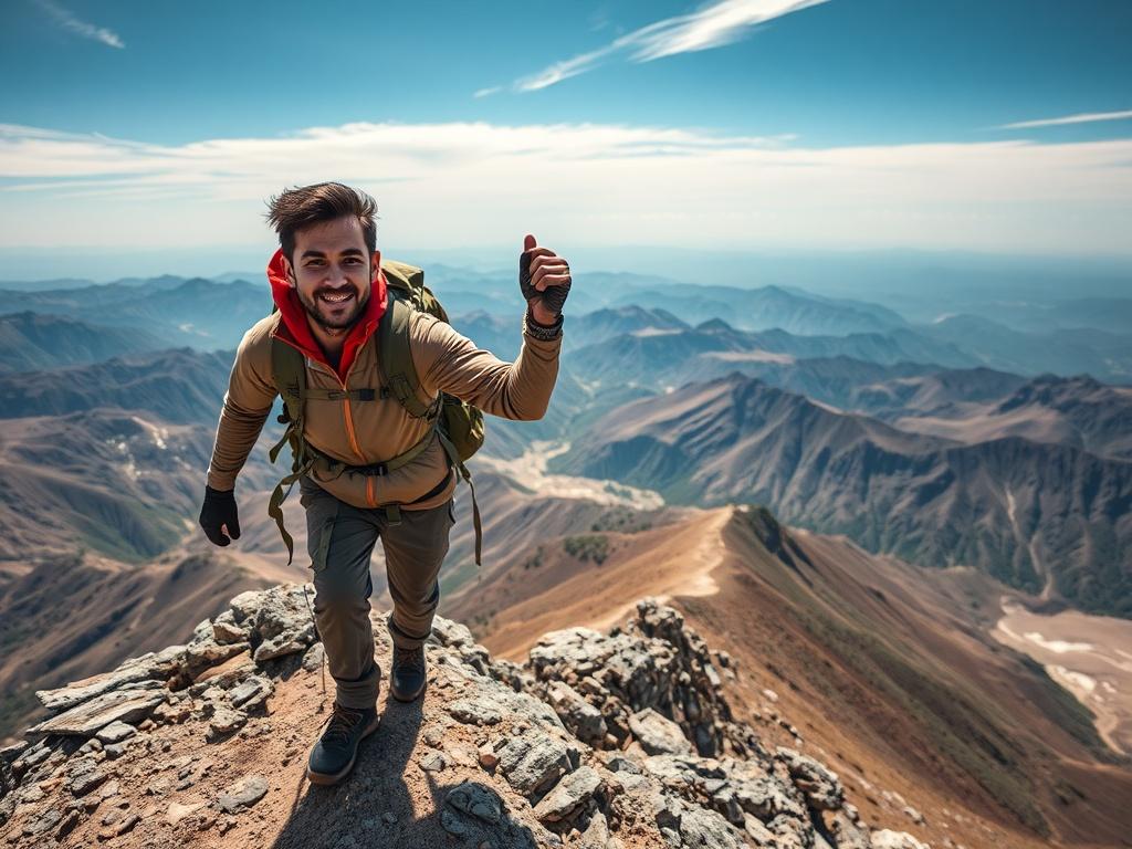 A dynamic close-up shot of a hiker reaching the summit of a mountain, with a stunning panoramic view of the surrounding landscape. The hiker is wearing trekking gear and has a look of triumph on their face. The background showcases the rugged beauty of East African mountains, emphasizing the adventure and challenge of trekking in this pristine environment. The image inspires a sense of accomplishment and connection to nature.