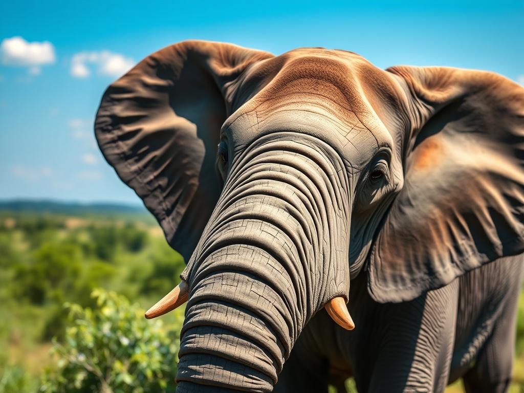A close-up shot of a majestic African elephant in the wild, surrounded by lush greenery and a clear blue sky. The composition focuses solely on the elephant, capturing its texture and details in vivid colors. The background is a serene landscape of East African savannah, emphasizing the beauty of nature. The image should evoke a sense of adventure and the wild, perfect for showcasing an eco-friendly safari experience.