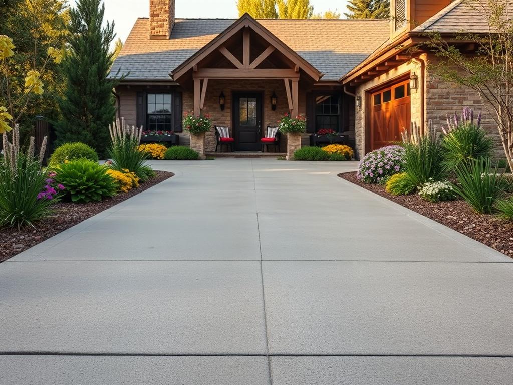 A newly installed concrete driveway leading up to a charming