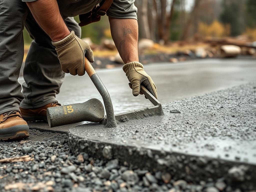 A high-resolution photo of a skilled concrete contractor pouring concrete for a driveway, showcasing the process with a focus on the contractor's hands and tools. The background should include a natural landscape of Portland with earthy textures and rustic colors, emphasizing a grounded and professional atmosphere. The image should convey craftsmanship and dedication to quality in concrete work.