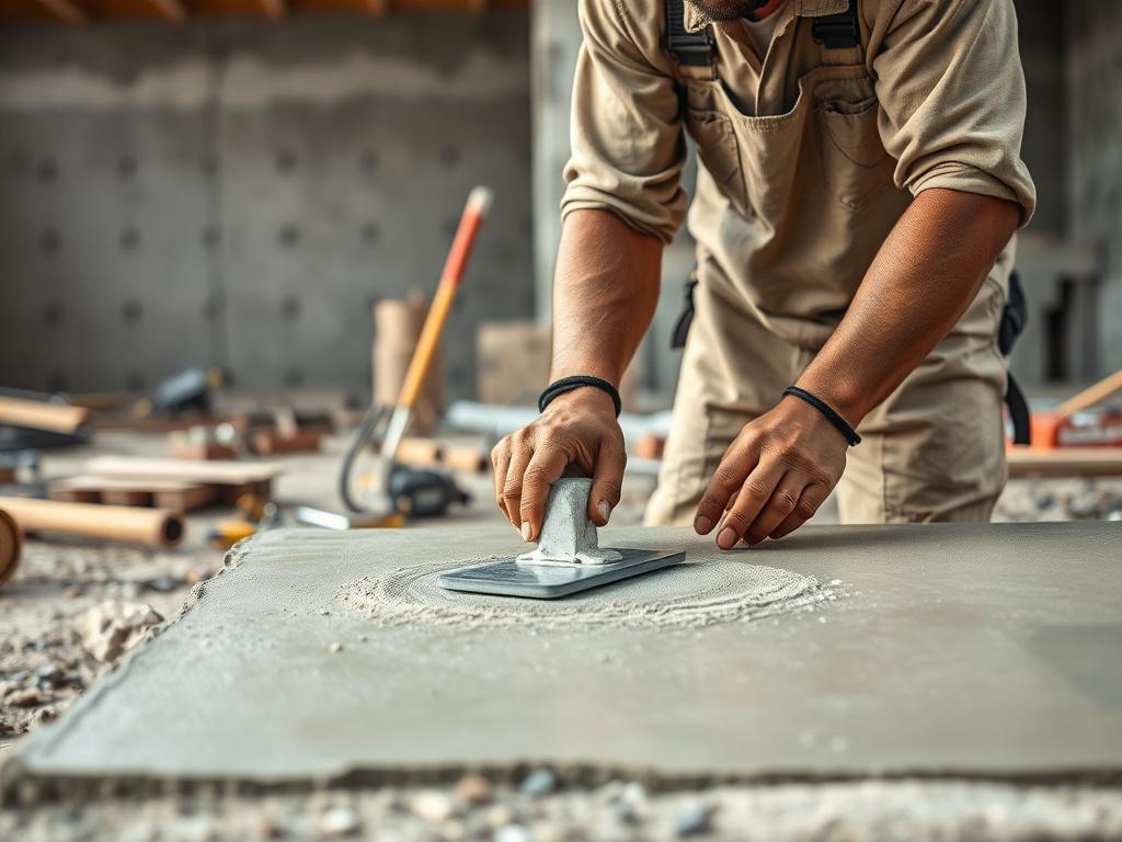 A realistic high-resolution photo of a skilled worker with brown arms finishing concrete on a construction site. The worker is focused and using a trowel to smooth the surface of freshly poured concrete. The background features a partially completed structure and tools scattered around, showcasing an active construction environment. The lighting is natural, highlighting the textures of the concrete and the physical labor involved in the process.