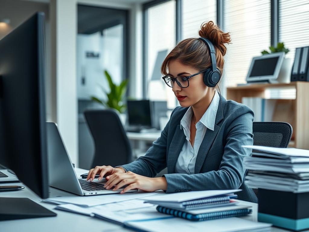 A realistic close up shot of a Virtual Assistant working