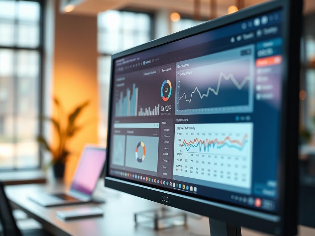 A close-up shot of a highly detailed and realistic CRM interface displayed on a computer screen in a modern office environment. The screen shows graphs, lead tracking, and automated processes. The background should be softly blurred, emphasizing the technology and professionalism of the scene, with warm lighting enhancing the atmosphere.