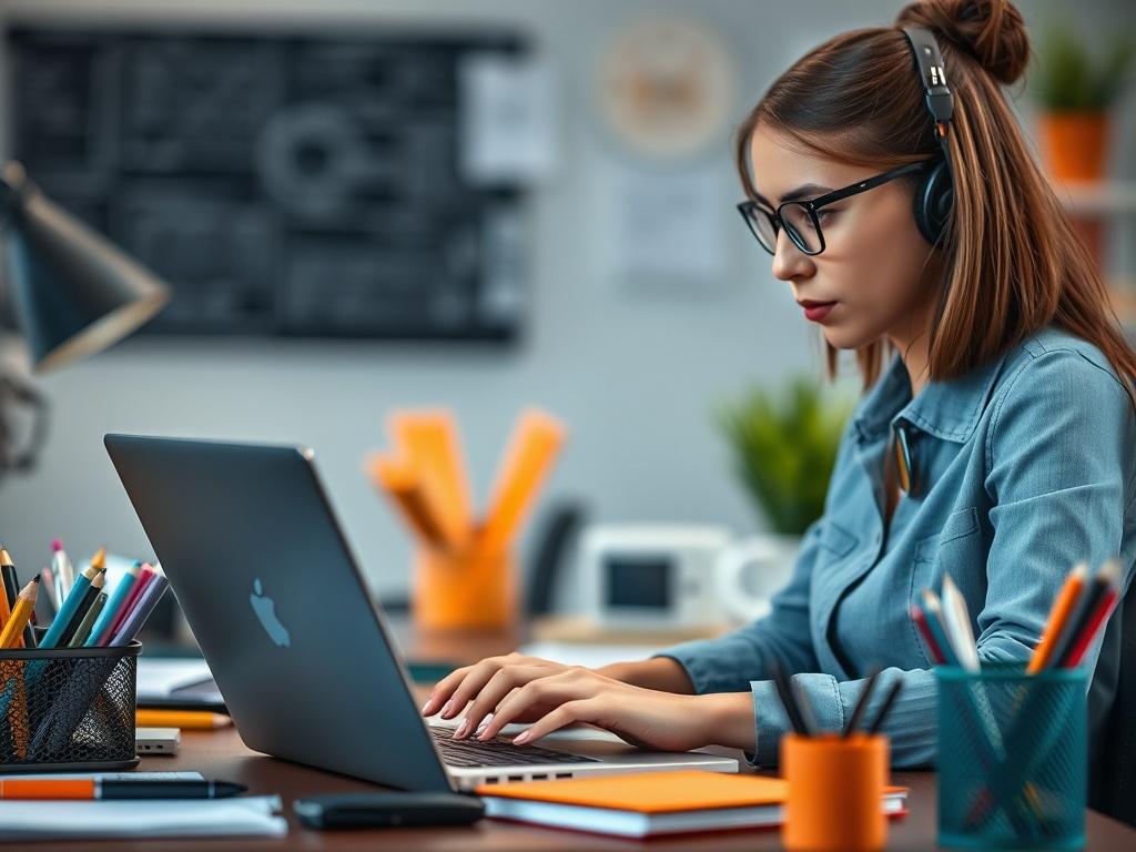 A close-up shot of a focused Virtual Assistant working on a laptop, surrounded by organized office supplies, conveying a sense of productivity. The background should have soft, blurred elements with a mix of dark blue, light blue, and orange accents, creating a professional environment.