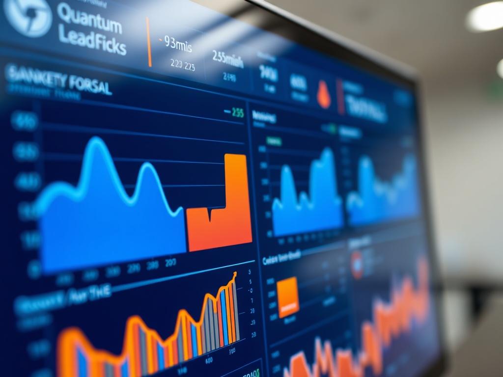 A close-up shot of a modern digital dashboard displaying lead management metrics, with graphs and statistics visible. The dashboard should have a sleek design, incorporating dark blue, light blue, and orange colors to reflect the branding of Quantum Lead RE.