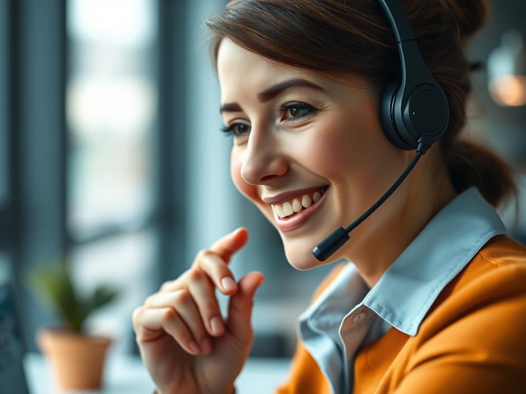 A close-up shot of a professional Inside Sales Agent on a phone call, showing engagement and focus, with a blurred office background. The agent is wearing a headset, displaying a friendly demeanor. The colors in the image should reflect a dark blue, light blue, and orange palette, creating a warm and inviting atmosphere.