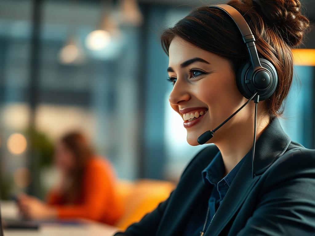 A close-up shot of a professional-looking Inside Sales Agent (ISA) engaging in a phone conversation with a smile. The background is subtly blurred to emphasize the agent, who is wearing a headset and dressed in business casual attire. The lighting is bright and inviting, creating a warm atmosphere. The color palette incorporates shades of dark blue, light blue, and accents of orange to reflect the brand's identity.