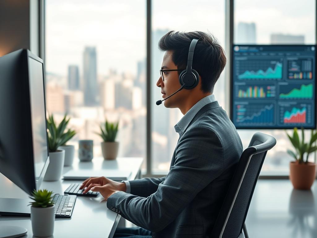 Create a realistic high-resolution photo of a focused Inside Sales Agent (ISA) at work, seated at a modern desk in a well-lit office environment. The ISA, a young professional with an engaged demeanor, is wearing a smart-casual outfit while speaking on a headset and looking at a computer screen filled with graphs and virtual communication tools related to lead management. 

In the background, include a sleek, organized workspace featuring a few potted plants for a touch of greenery, and a large window allowing natural light to flood in, providing a view of a cityscape, symbolizing connectivity and growth. The composition should be simple and clear, highlighting the ISA as the sole subject engaging actively with leads. The overall atmosphere should convey professionalism and efficiency, embodying the essence of maximizing lead conversion using ISAs. 

Focus the image with a shallow depth of field for a close-up effect, ensuring the ISA is sharp and detailed, while the background softly blurs to emphasize the subject.  Use an RGB color palette that harmonizes with a primary blue tone, reflecting a modern and dynamic approach to lead management.