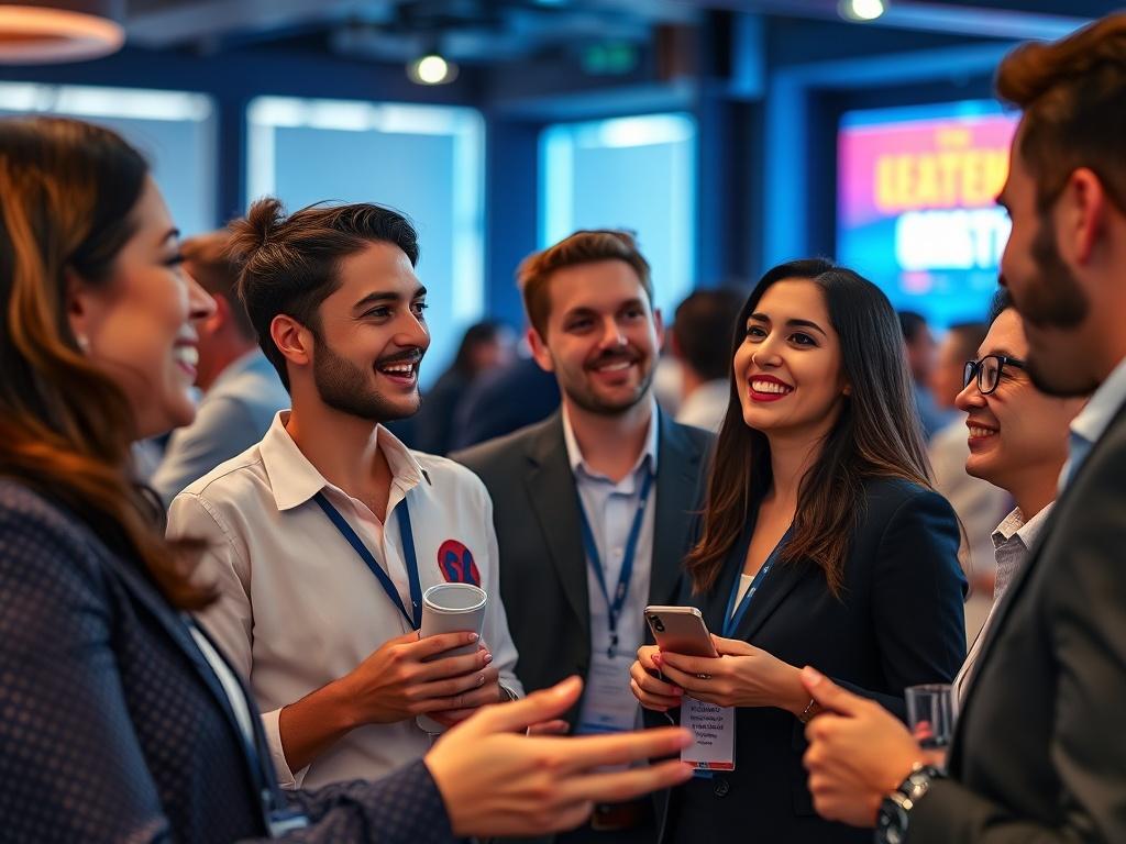 An inviting image of a group of real estate professionals networking at an event, exchanging ideas and contact information. The setting is vibrant and engaging, with a color palette of dark blue, light blue, and orange in the decor. The focus is on their expressions of excitement and collaboration.