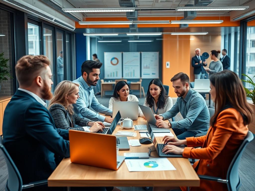 A high-resolution image of a busy real estate office environment, showcasing a team of professionals collaborating over lead management strategies. The focus is on a diverse group of agents discussing around a table, with laptops and charts visible. The office features a color palette of dark blue, light blue, and orange.