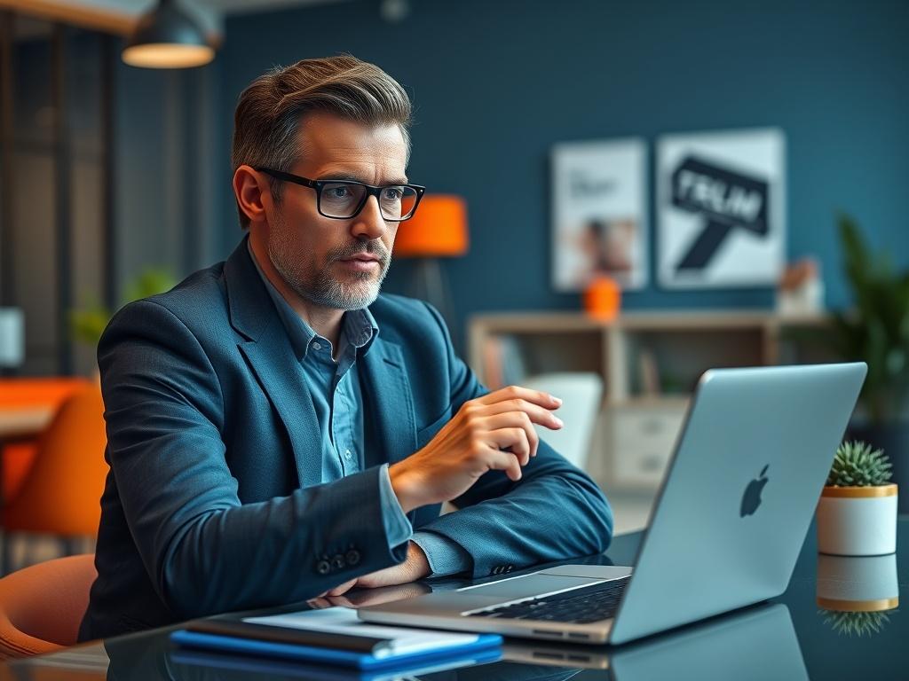 A close-up shot of a confident real estate agent sitting at a desk with a laptop, reviewing data on a CRM system. The background is blurred, focusing on the agent's expression of determination. The color palette features dark blue, light blue, and orange elements in the office decor, creating a professional and inviting atmosphere.