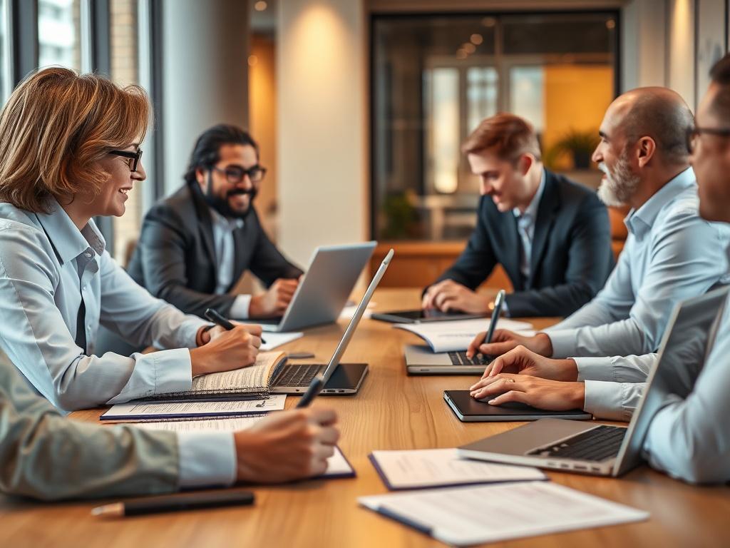 A close-up shot of a business meeting with real estate agents discussing strategies, notebooks and laptops on the table, modern office environment, warm lighting.