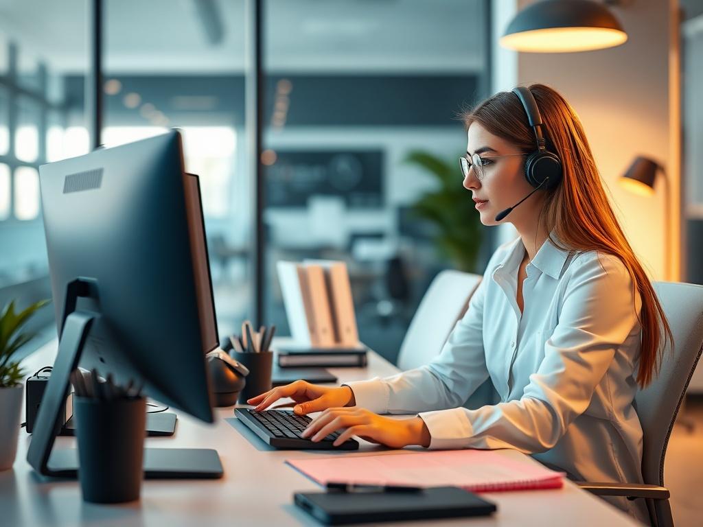 A close-up shot of a virtual assistant working at a desk, with a computer and paperwork, in a well-lit modern office setting.