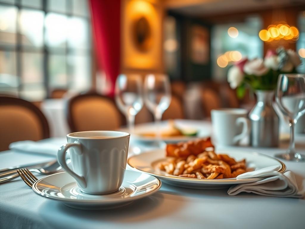 A close-up shot of a beautifully set dining table with elegant table service, featuring a coffee cup, a plate of food, and a napkin. The background is softly blurred with warm lighting, showcasing a cozy dining environment. The color palette is compatible with rgb(50, 170, 39), giving the image a fresh and inviting feel.