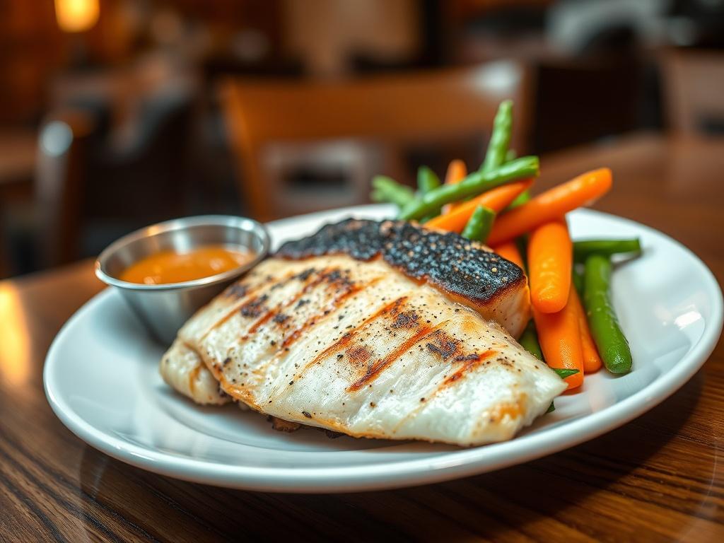 A beautifully plated fish fillet, grilled to perfection, resting on a white plate. The fillet should have a flaky texture, garnished with vibrant, fresh vegetables like carrots and green beans, and a small bowl of homemade tartar sauce on the side. The background should be softly blurred to keep the focus on the dish, with a warm, inviting atmosphere that reflects a cozy restaurant setting.