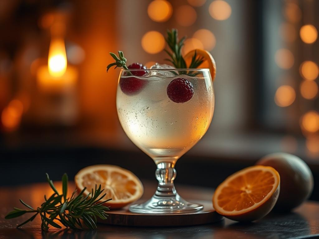 A close-up of a beautifully mixed cocktail or mocktail, garnished with fresh fruits and herbs, showcased in an elegant glass. The background should be softly illuminated with golden hues, creating a cozy and inviting ambiance.