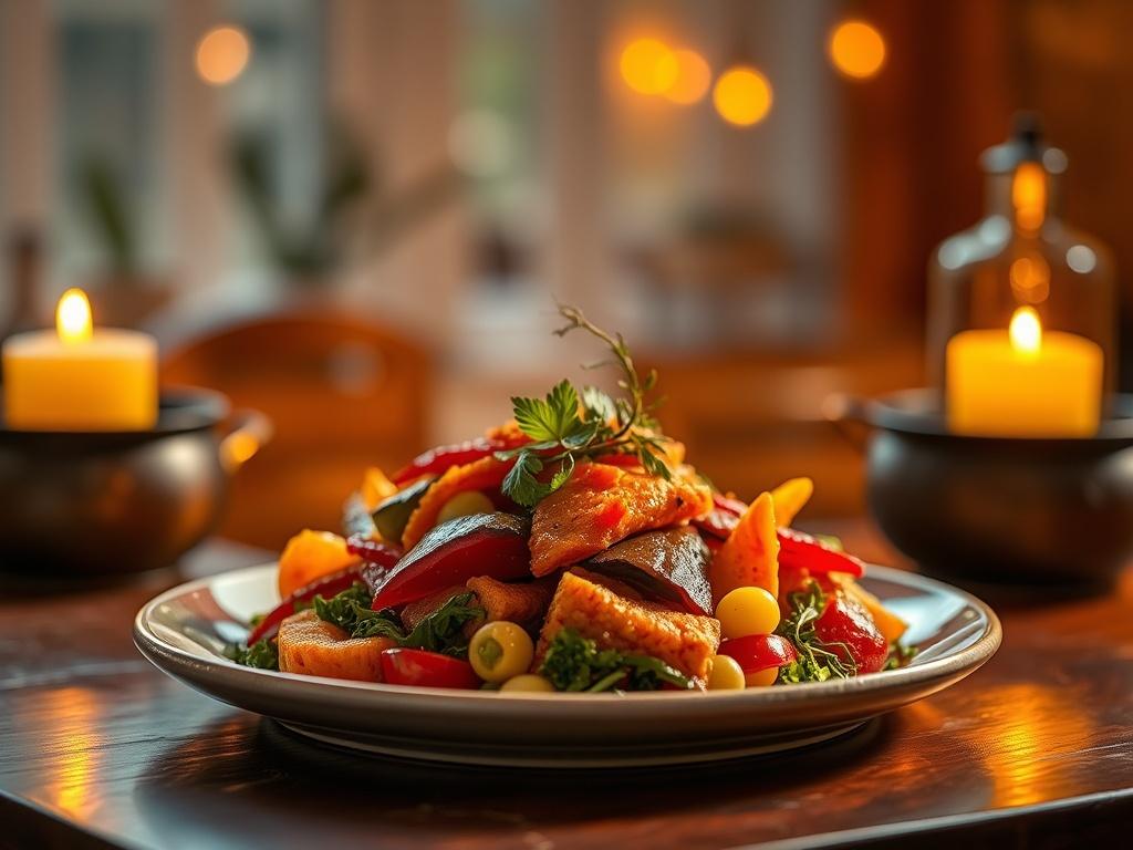 A beautifully plated new dish featuring vibrant colors and fresh ingredients, set against a cozy, softly lit background. The dish should be the central focus, with warm golden hues illuminating the scene, creating an inviting atmosphere.