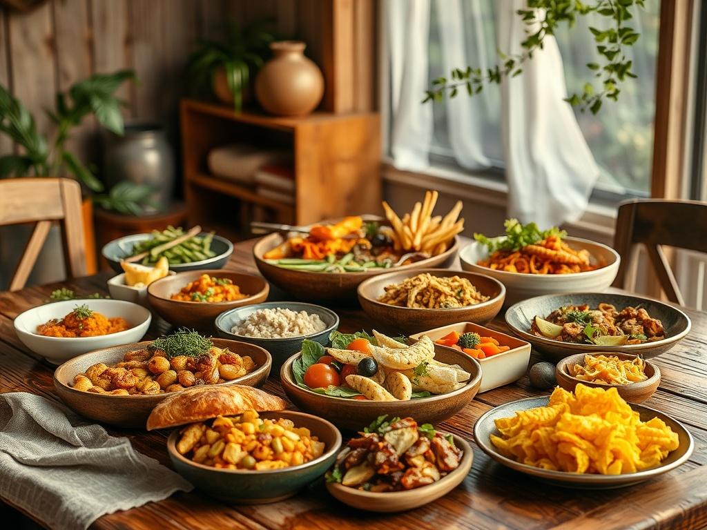 An inviting spread of vegan and traditional dishes beautifully arranged on a rustic wooden table. The dishes should be colorful and appetizing, with a serene background that enhances the cozy, warm atmosphere.