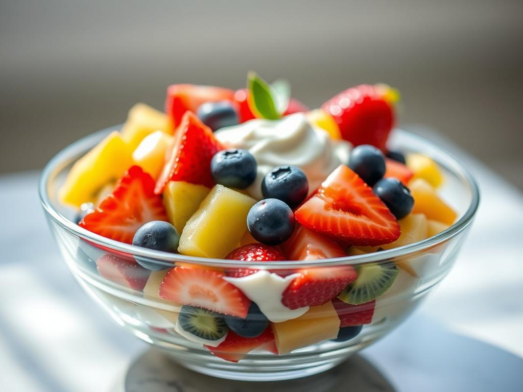 A close-up shot of a vibrant Fruit and Yoghurt Salad in a clear glass bowl, showcasing a colorful array of seasonal fruits like strawberries, blueberries, and kiwi, mixed with creamy white yogurt. The background is softly blurred to keep the focus on the salad, with natural lighting enhancing the freshness of the ingredients. The overall composition should evoke a sense of health and indulgence, shot with a 45mm f/1.2 lens.