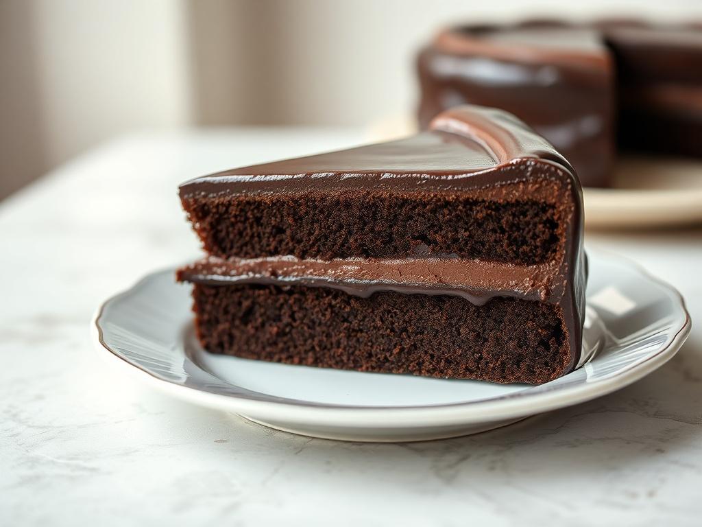 A close-up of a slice of Decadent Chocolate Cake on a delicate plate, showcasing the rich layers and glossy ganache. The background is softly blurred, focusing on the cake, creating an alluring and inviting presentation. Shot with a 45mm f/1.2 lens.
