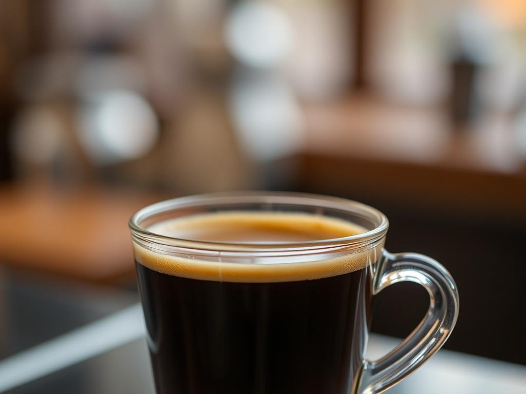 A close-up shot of a beautifully crafted cup of Premium Espresso, showcasing the rich crema and deep color. The background is blurred to emphasize the espresso, with a warm and inviting atmosphere. Shot with a 45mm f/1.2 lens.