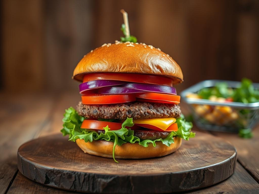 A mouth-watering Savory Vegan Burger displayed on a rustic wooden table. The burger is stacked high with fresh ingredients, and the vibrant colors pop against a warm background. Shot with a 45mm f/1.2 lens.