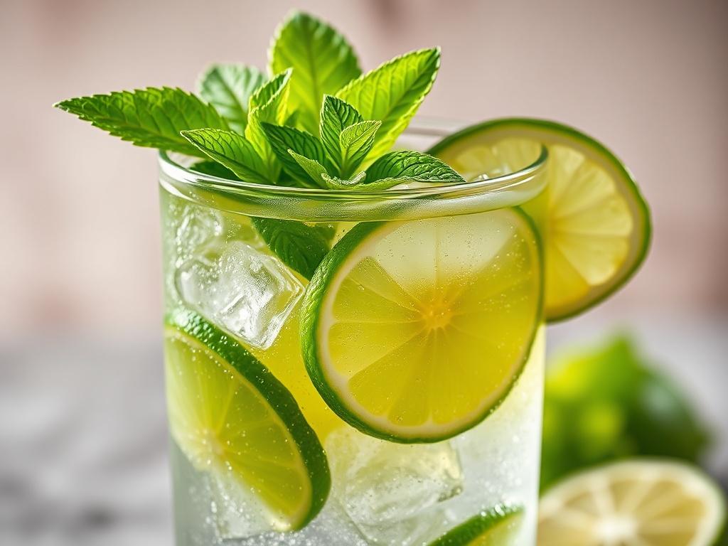 A close-up shot of a Mojito cocktail in a clear glass, with fresh mint leaves and lime wedges as garnish. The drink is filled with ice and sparkling soda, showcasing its vibrant green color. The background is softly blurred to emphasize the drink, with a subtle hint of natural light to enhance the freshness of the ingredients. The overall composition is simple and inviting, focusing solely on the Mojito.