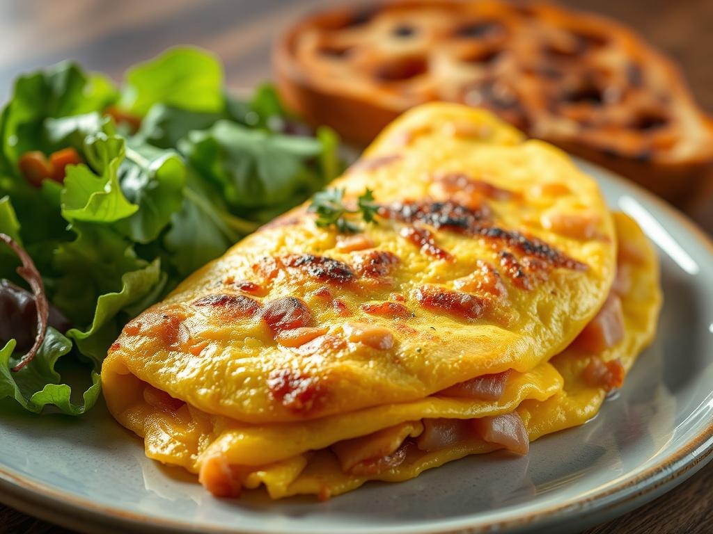 A close-up shot of a freshly made Ham Omelette, showcasing its fluffy texture and golden color. The omelette is filled with chunks of premium ham and garnished with fresh herbs. The plate is elegantly styled, with a side of vibrant green salad and a slice of toasted bread. The background is softly blurred to emphasize the omelette, with warm, natural lighting enhancing the appetizing colors of the dish.