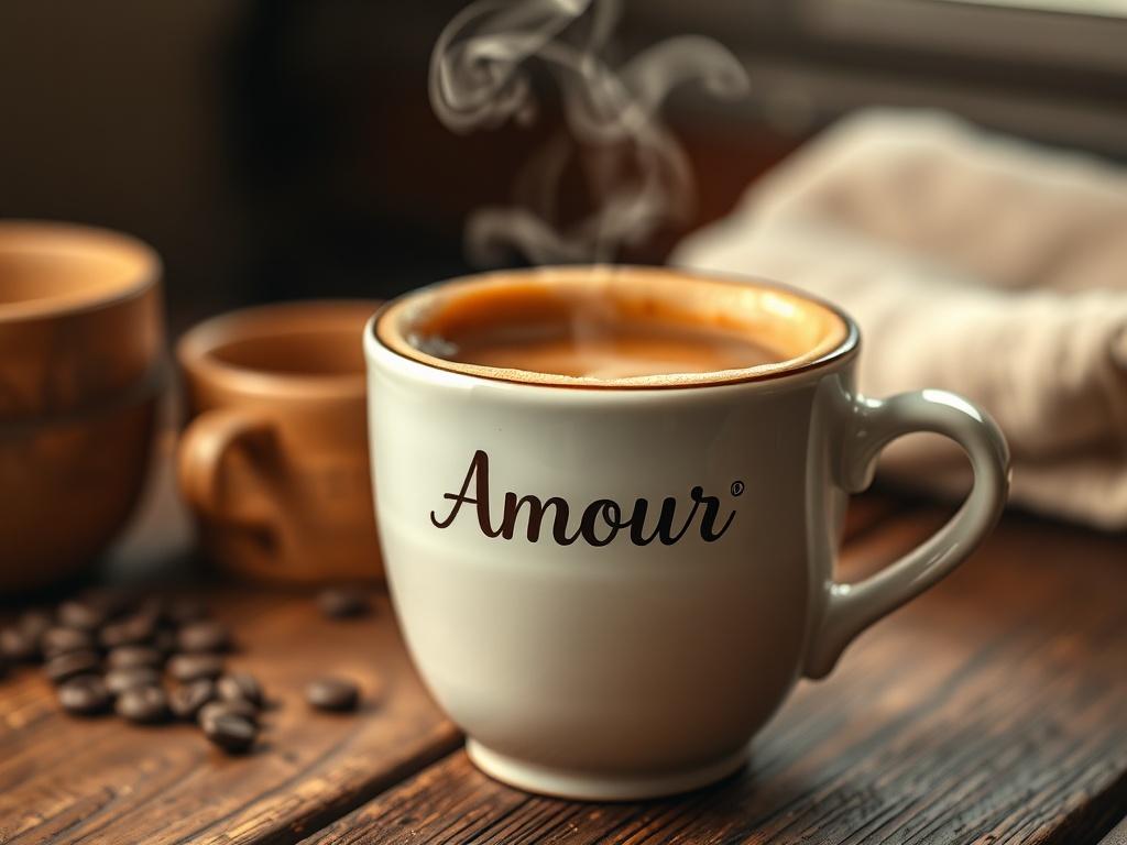 A close-up shot of a steaming cup of Amour Coffee placed on a rustic wooden table. The coffee is a rich brown color with a frothy top, showcasing its velvety texture. The background is softly blurred to emphasize the coffee, with warm, inviting lighting that highlights the steam rising from the cup. The overall composition evokes a cozy and inviting atmosphere, perfect for enjoying a moment of relaxation.