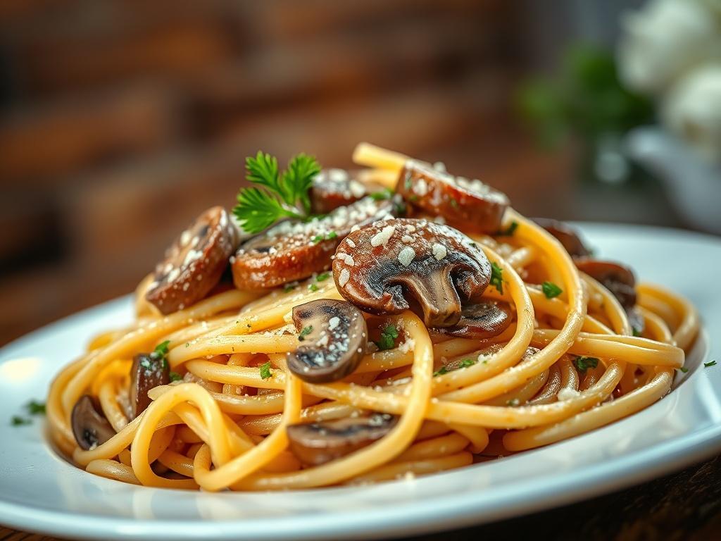 A close-up shot of a plate of Sausage and Mushroom Pasta, featuring perfectly cooked pasta entwined with slices of sausage and fresh mushrooms. The dish is garnished with a sprinkle of parsley and a light drizzle of creamy sauce. The background is softly blurred to highlight the vibrant colors of the food, with warm lighting to enhance the inviting atmosphere.