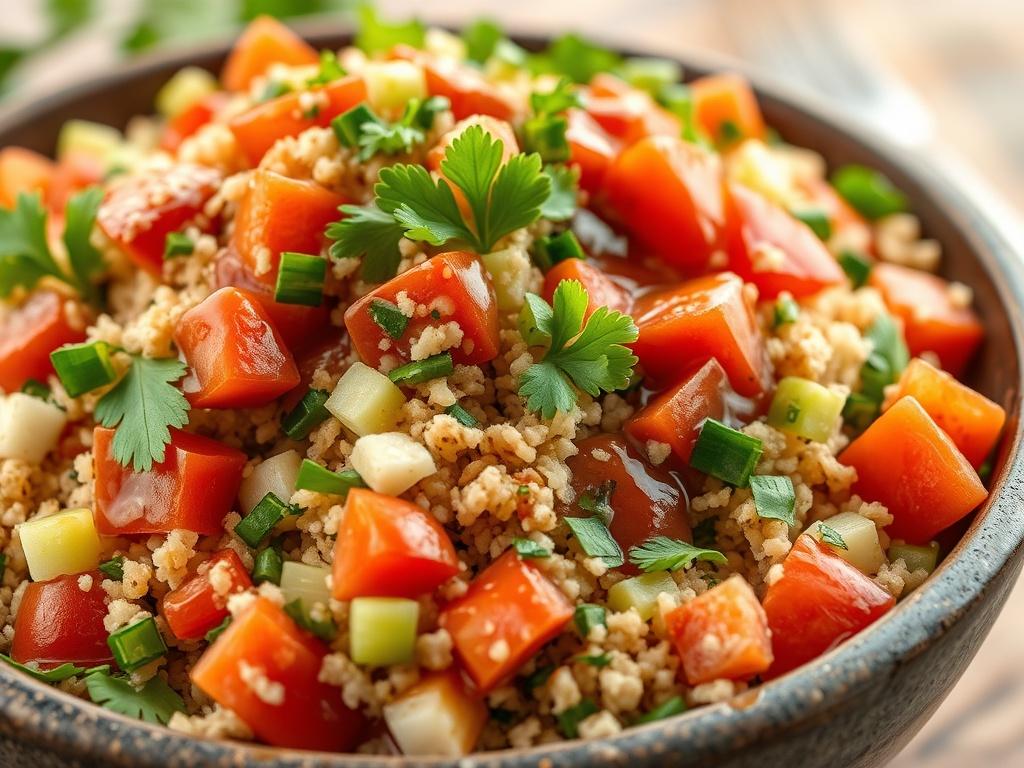 A close-up shot of a vibrant Tabbouleh Salad featuring bulgur, fresh parsley, diced tomatoes, and celery. The salad is presented in a rustic bowl, with a rich dressing drizzled on top, enhancing the colors of the ingredients. The background is softly blurred, focusing on the salad to emphasize its freshness and appeal. The image is bright and inviting, shot with a 45mm f/1.2 lens style to capture the details and textures of the salad.