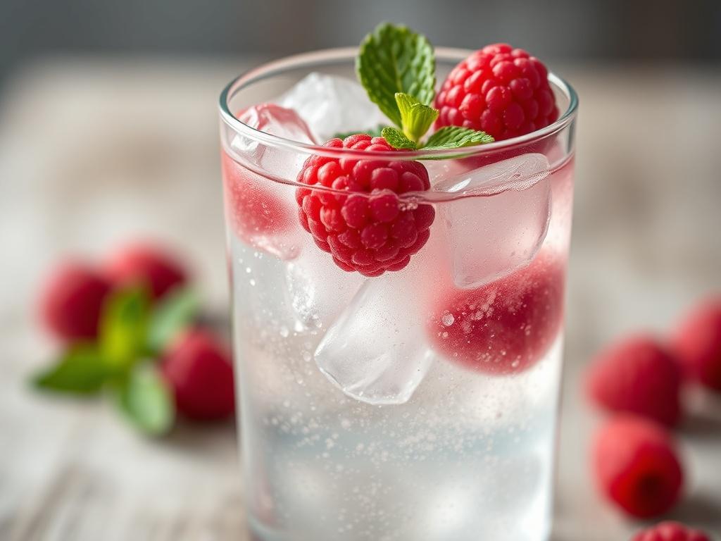A close-up shot of a Raspberry Gin and Tonic cocktail, featuring fresh raspberries and a sprig of mint as garnish. The drink is served in a clear glass filled with ice, with tonic bubbles visible. The background is softly blurred, highlighting the drink in vibrant colors, focusing on the rich red of the raspberries and the clear tonic water. Shot with a 45mm f/1.2 lens for a hyper-realistic effect.